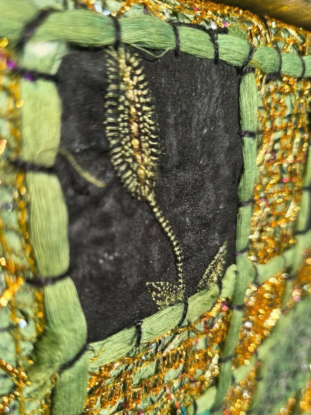 Vintage Pier 1 Imports Beaded Patchwork Placemat – Green & Gold Boho Table Decor